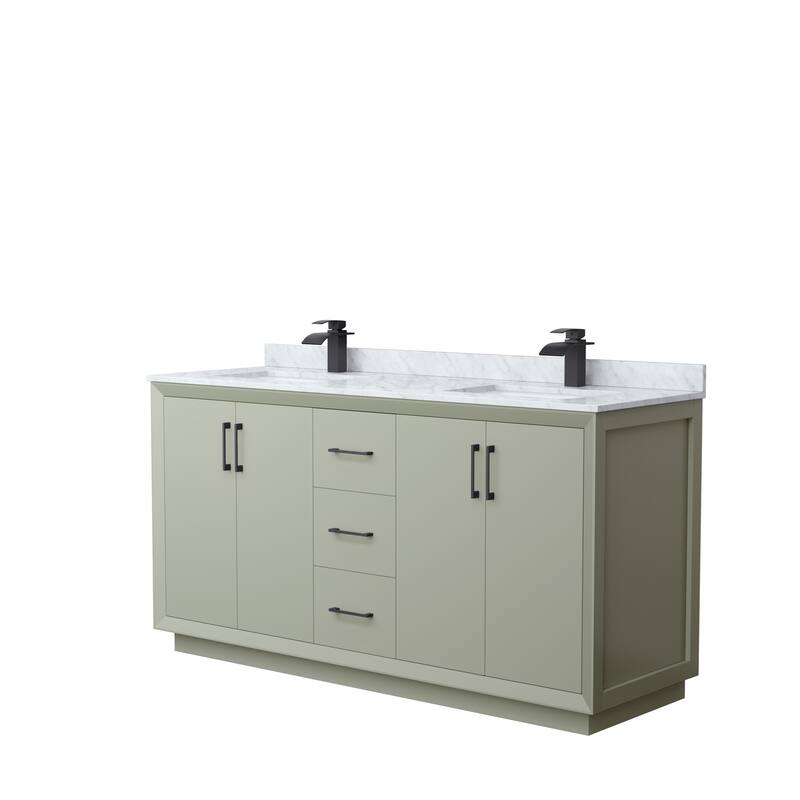 Strada 66-Inch Double Vanity Set, Carrara Marble Top - Light Green, Black Trim, Carrara Marble Top