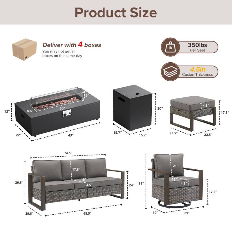 Meyreso Wicker Outdoor Patio Fire Pit Set with Swivel Gliders & 4.5-Inch Olefin Cushions