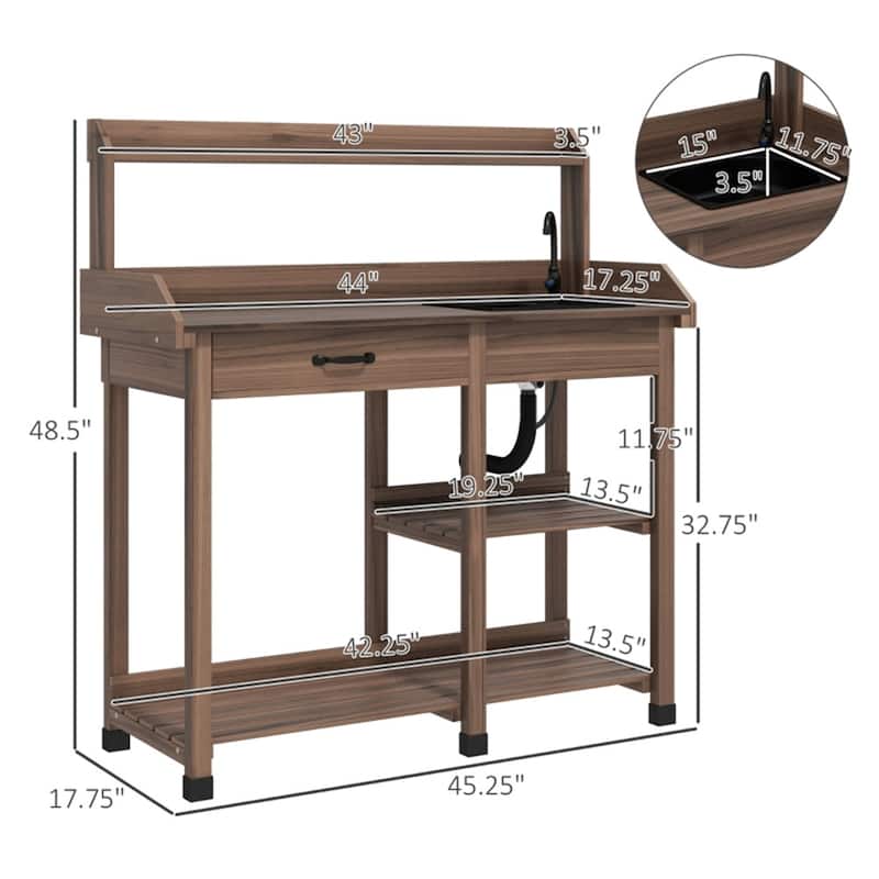 Garden Work Bench with Sink, Faucet, Storage Shelves & Hooks - 45.25" W x 17.75" D x 48.5" H