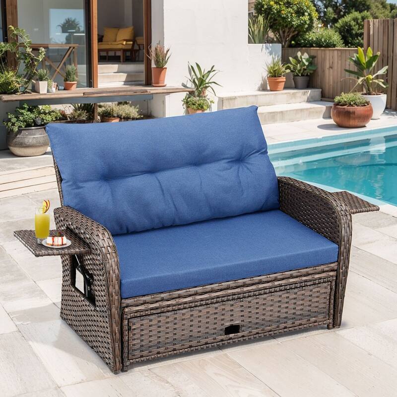 Gymojoy Adjustable Outdoor Wicker Daybed Patio Sofa Bed, 5-Position with Storage Ottoman