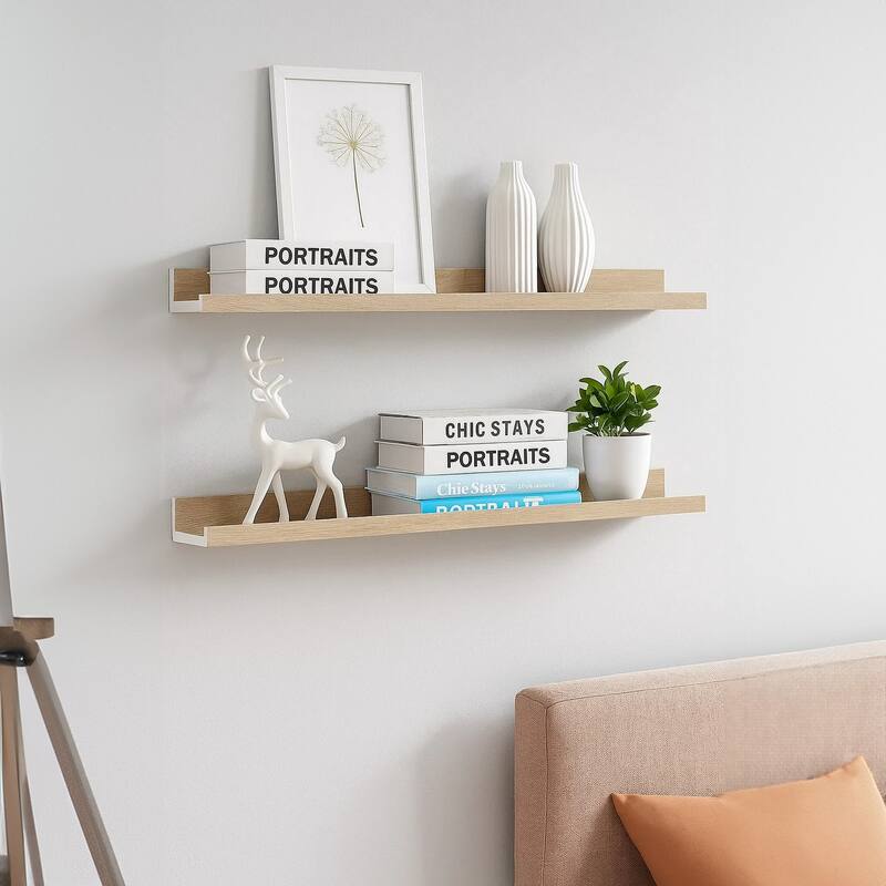 Yuli Wall Shelf Set of 2, Farmhouse Brown White, Raised Ledge Design 32 Inch