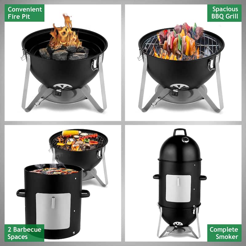 Black Steel Charcoal Smoker With Three Layer Round BBQ Grill