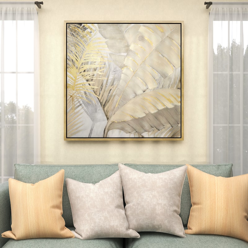 Canvas Leaf Palm Living Room Framed Wall Art with Gold Frame - Brown - CosmoLiving by Cosmopolitan
