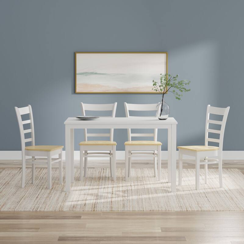 5-Piece Dining Set, 48" Rectangle Wood Table and Slat Back Chairs - White Table + White/Natural Chairs