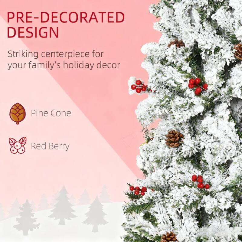 Snow Flocked Pencil Artificial Tree - Realistic Pine Branches, Pine Cones, Red Berries, Auto Open - Green,White