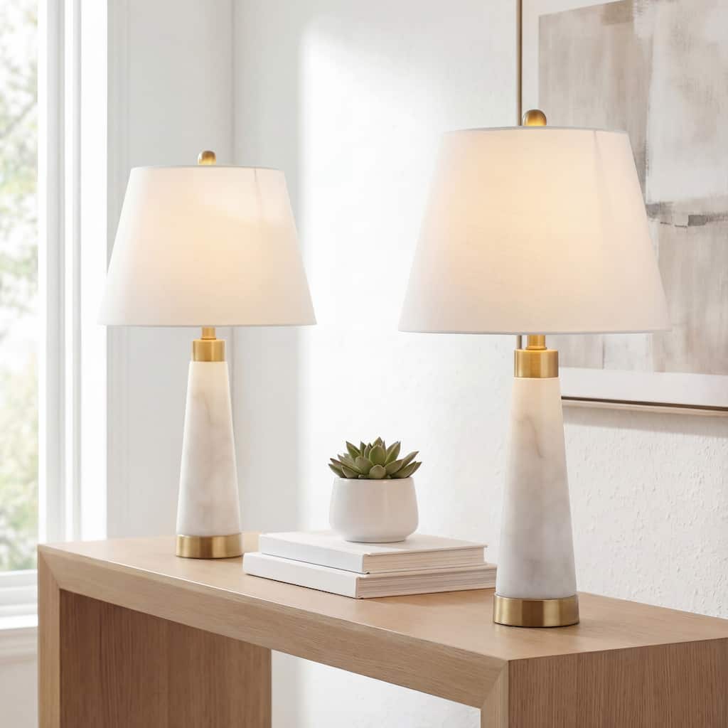 Stephen 26.5" Marble/Iron Gold Modern Column LED Table Lamp, White by JONATHAN Y