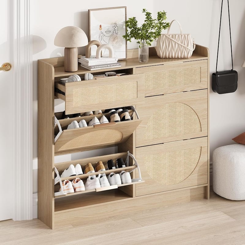 4 Turn Over Drawers Freestanding Shoe Storage Cabinet for Entryway, Hallway, Living Room - Khaki