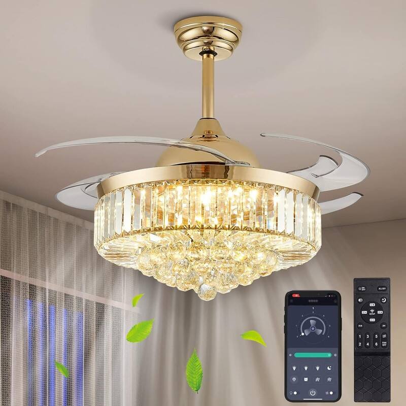 48 in. Crystal Ceiling Fan with Lights Remote Control Retractable Dimmable Fandelier Reversible LED Ceiling Fan for Bedroom - Crystal Fandelier