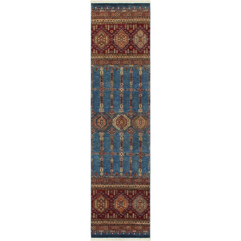 Tribal Khurgeen Naila Blue/Red Hand-knotted Wool Rug - 2'8 x 9'1 - 2'8'' x 9'1''