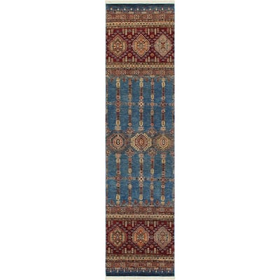Tribal Khurgeen Naila Blue/Red Hand-knotted Wool Rug - 2'8 x 9'1 - 2'8'' x 9'1''