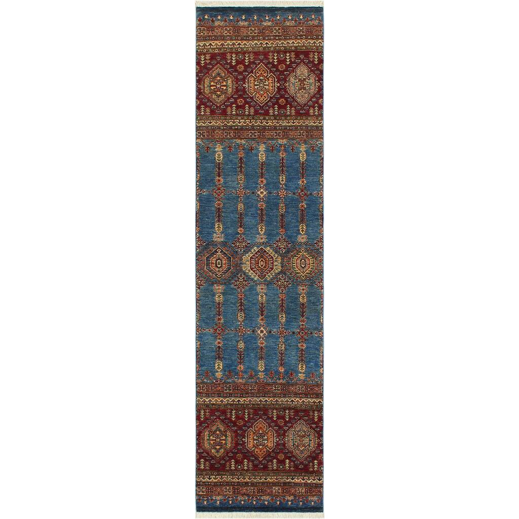 Tribal Khurgeen Naila Blue/Red Hand-knotted Wool Rug - 2'8 x 9'1 - 2'8'' x 9'1''