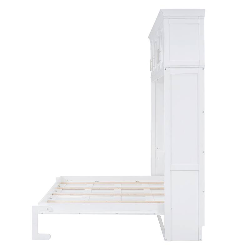 Modern Solid Wood Murphy Bed Chest w/ Top Cabinets, Storage Wall Platform Bed, Wood Slat Support, No Box Spring Needed, Folding