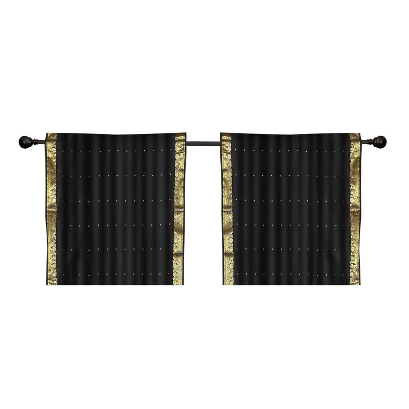 2 Boho Black Indian Sari Curtains Rod Pocket Window Panels Drapes