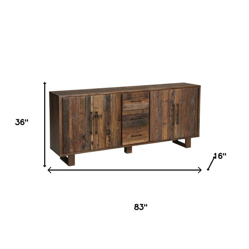 HomeRoots 83" Dark Brown Distressed Reclaimed Wood Three Drawer Sideboard with Four Doors - 83.00 in. x 36.00 in. x 16.00 in.