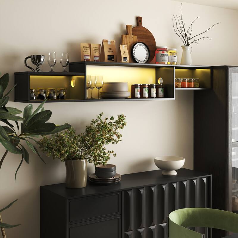 GDF Studio - Kate Modern 65.35" Wide Floating Wall-Mounted TV Stand with LED Lights and Charging Station