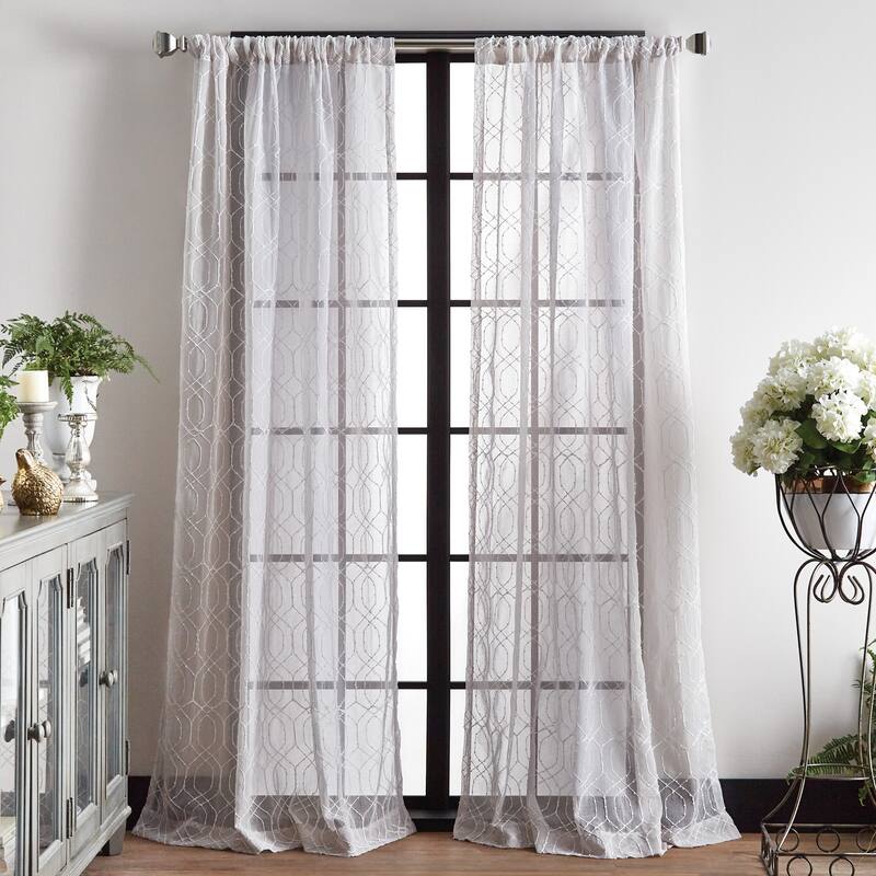 Martha Stewart Hourglass Embroidery Poletop Curtain Panel Pair - 95-inch - Silver