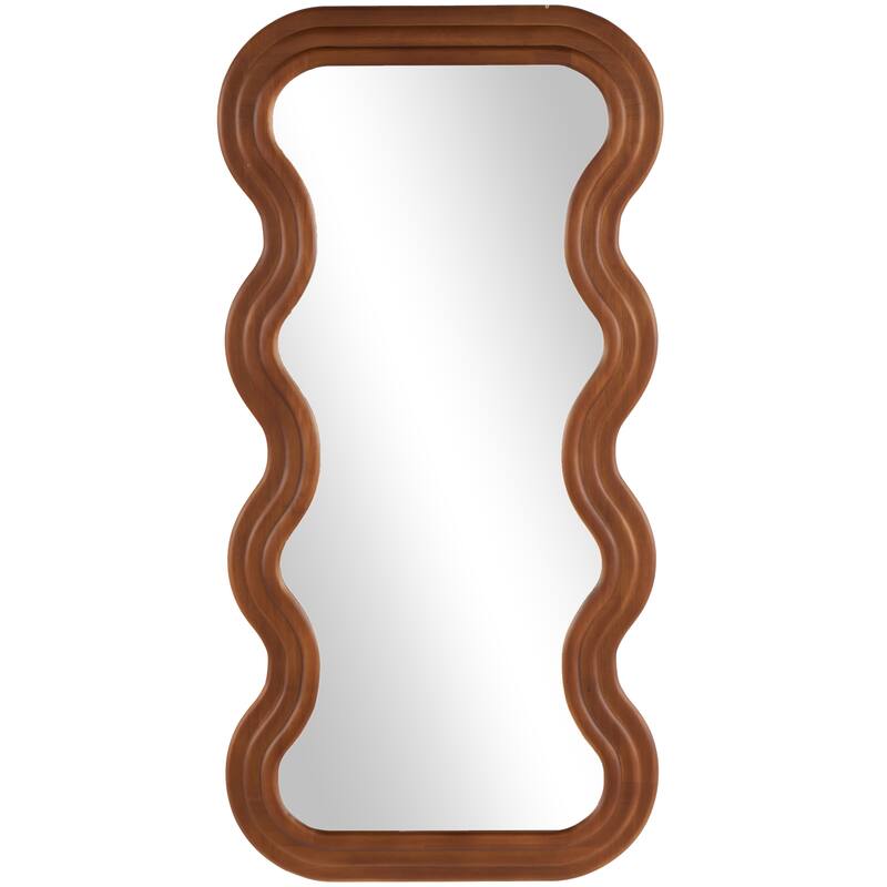 Brown Wood Wavy Room Wall Mirror with Dimensional Carved Frame
