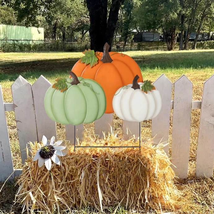 Glitzhome Fall Metal Stacked Pumpkin Garden Yard Stake Halloween Thanksgiving Outdoor Decorations