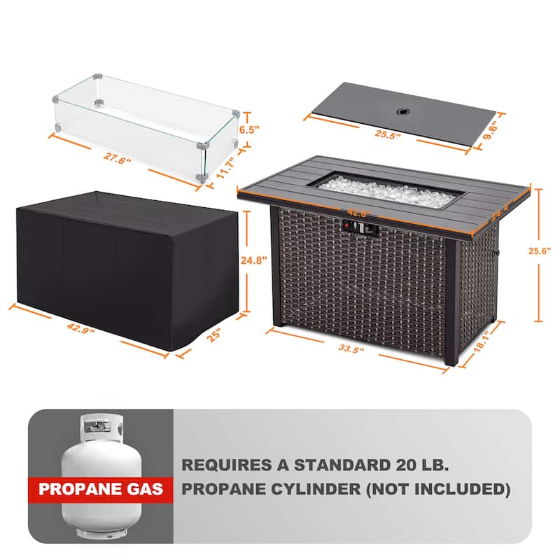 Outdoor 43-inch 50,000 BTU Propane Gas Fire Pit Table, Aluminum Tabletop and PE Rattan Weaved Iron Frame,