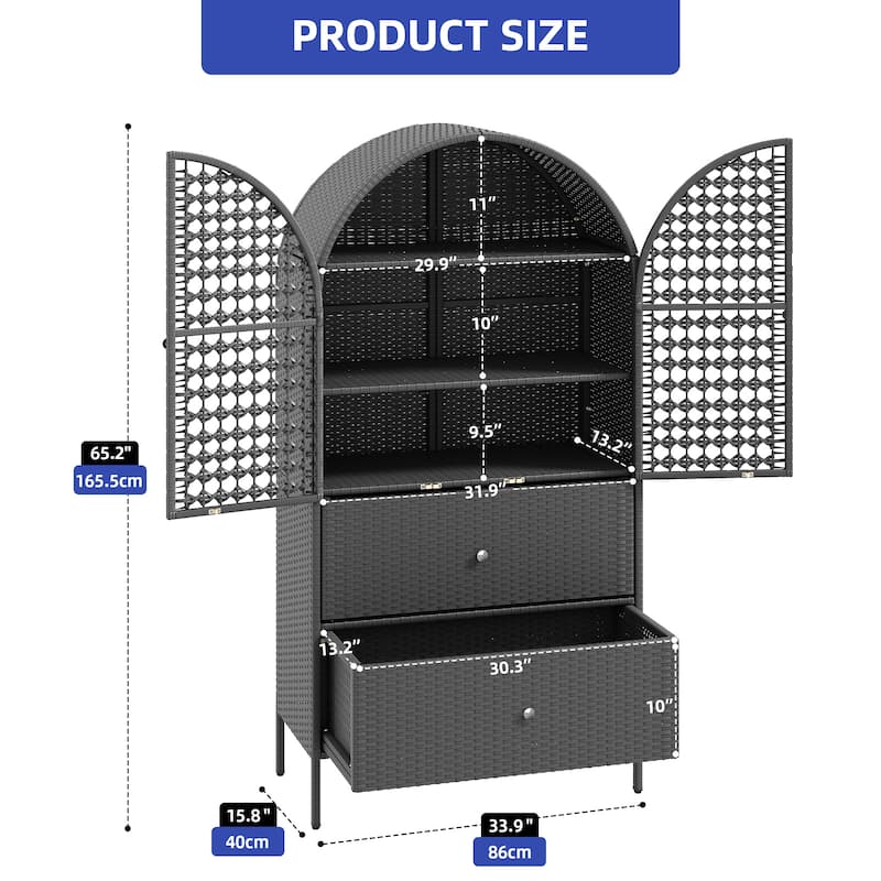 Moasis 65" Tall Arched Wicker Kitchen Pantry Cabinet,Farmhouse Cupboard with 3 Shelves & 2 Drawers