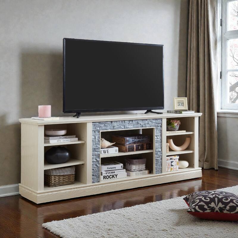70 Inch TV Stand for TVs up to 75 Inch, Media Console with Faux Stacked Stone Surround, Storage Cabinet & Cable Management