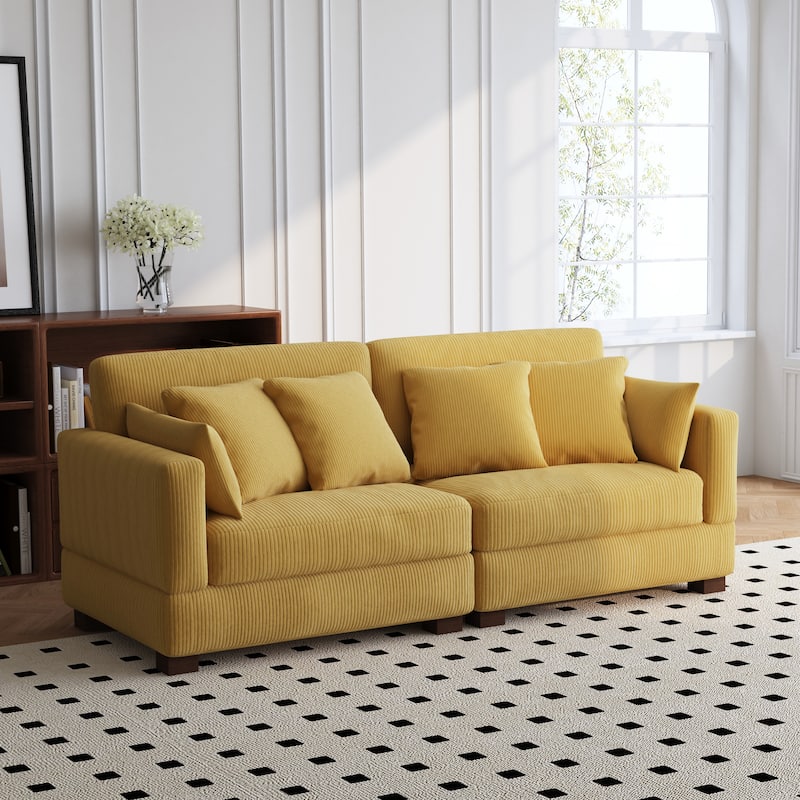 84.5″W Modern Corduroy Couch Modular Sofa - Sofa&4 Pillows - Orange