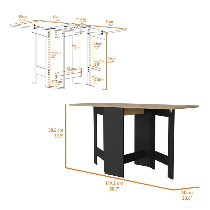 FM Furniture Kailua Folding Dining Table, Space-Saving, Foldable in 3 Forms