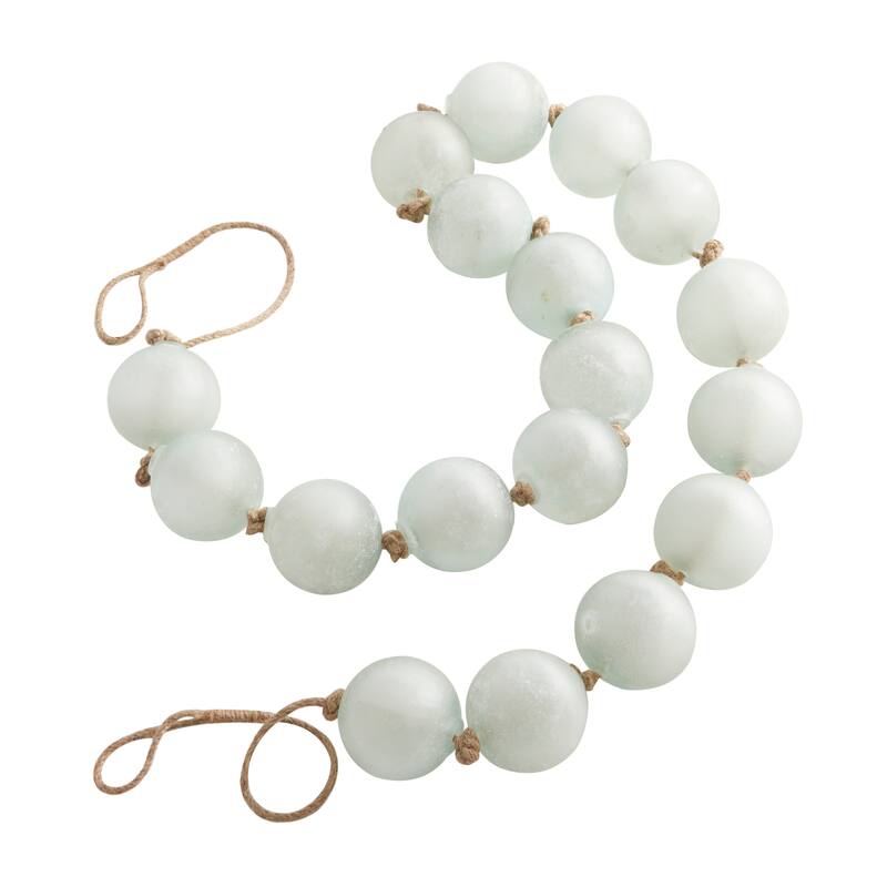 Teal Glass Handmade Round Extra Long Frosted Orb Beaded Garland with Tassel with Knotted Jute Rope