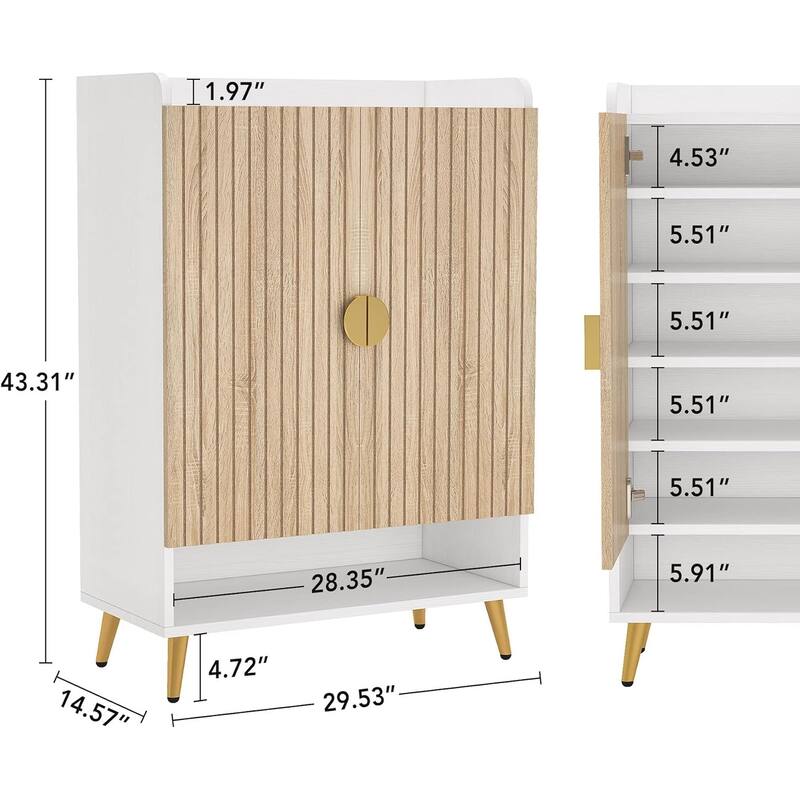 29" White & Natural Wooden Shoe Cabinet, 7-Tier