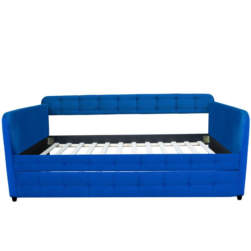 Blue Twin Size Velvet Daybed with Trundle and Tufted Backrest