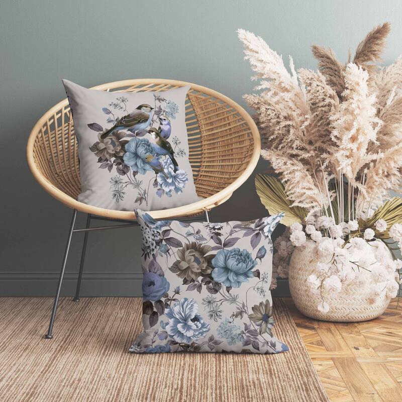 Petal Perched Birds Indoor/Outdoor Reversible Throw Pillow Silver and Crayola