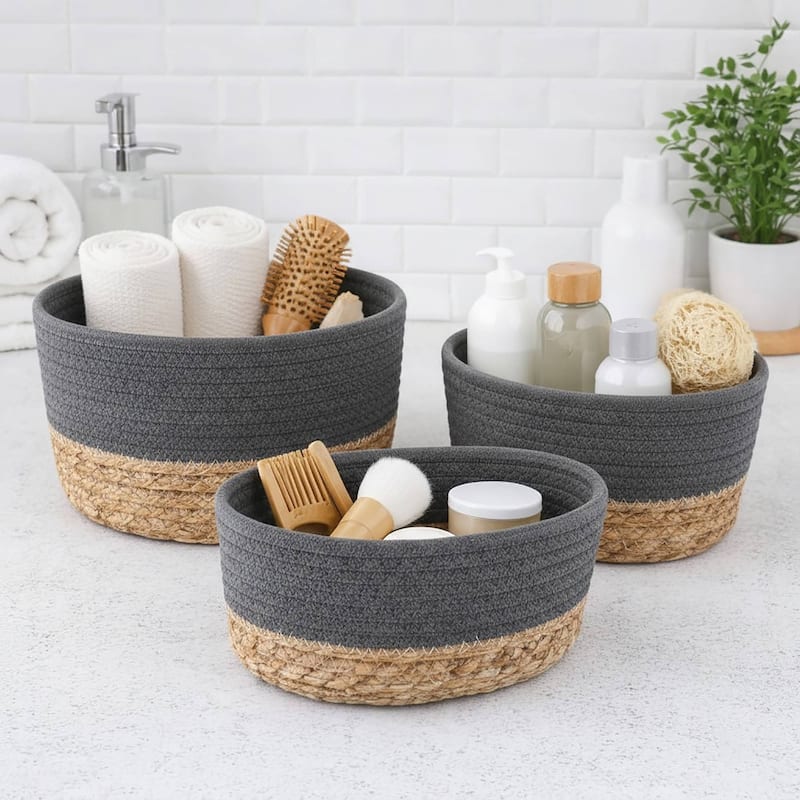 Cotton Storage Baskets Organizer Padang Set of 3 - 9 in. L x 5.9 in. D x 5.3 in. H - Gray / Natural