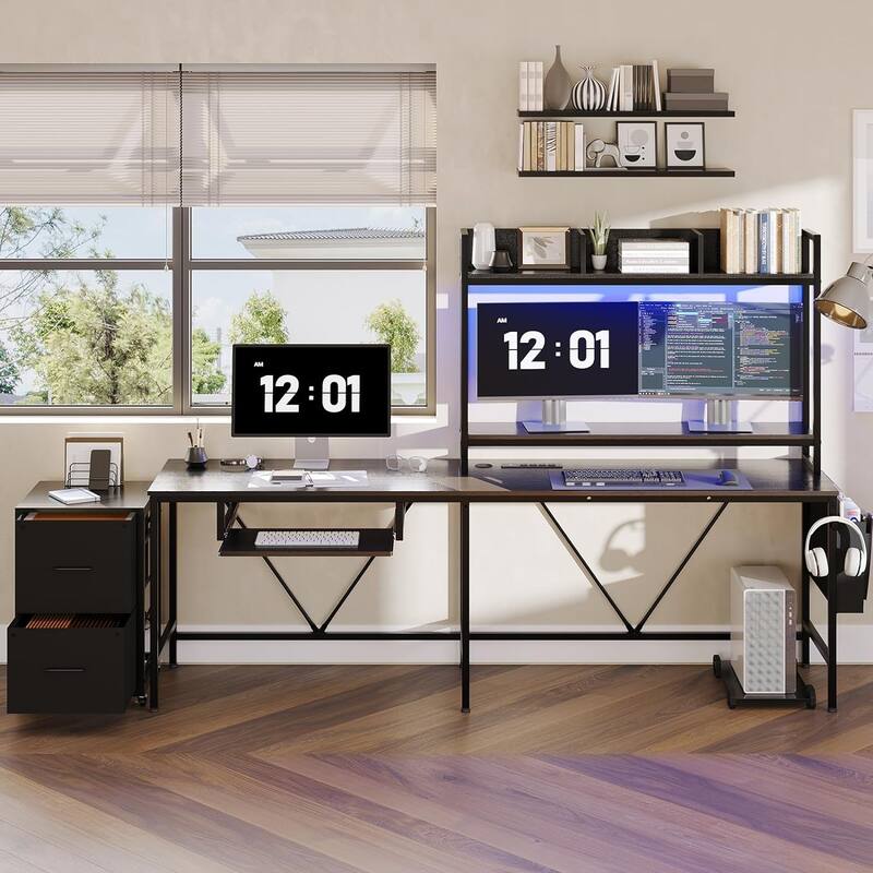 Reversible L Shaped Gaming Desk Power Outlet LED Light