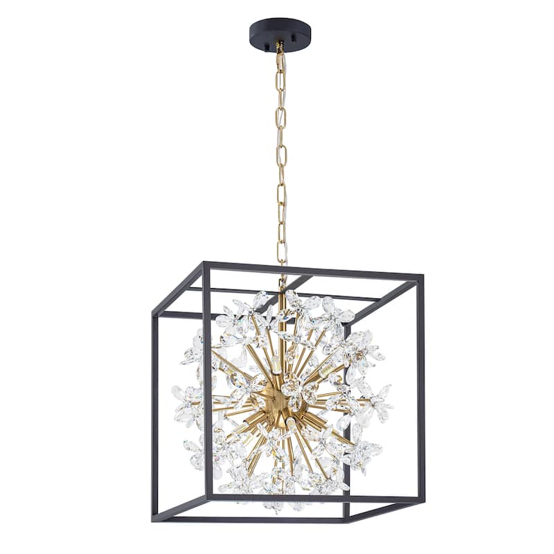 10-Light Modern Black Square Caged Chandelier Sputnik Gold Crystal Chandelier for Living/Dining Room - 16.1 in. W x 17.1 in. H