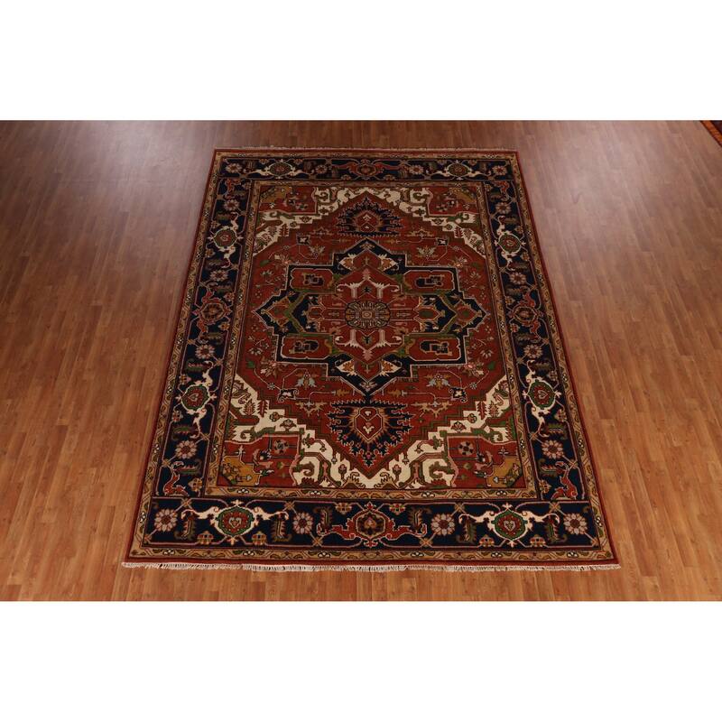 Medallion Heriz Serapi Indian Area Rug Hand-Knotted Wool Carpet - 9'0" x 12'1"
