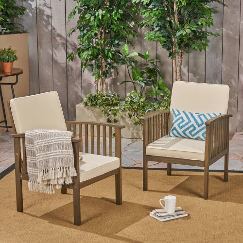 Roomfitters 3-Piece Acacia Wood Patio Set, 2 Modern Club Chairs & Foldable End Table, Cushions