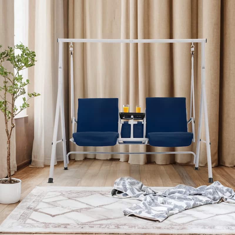 Outdoor Swing with Stand, Canopy, Pivot Table & 2 Cup Holders - Patio, Balcony, Bedroom