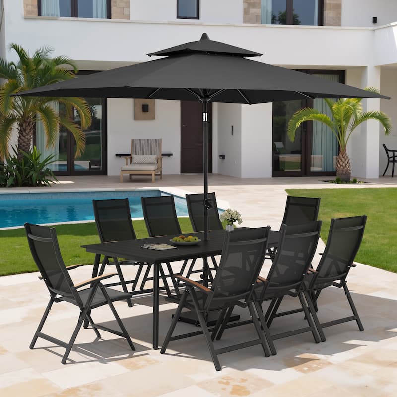 11PC Outdoor Patio Dining Set Aluminum Table with Folding Armchairs w/ Premium Market Umbrella Sets - BlackTable&BlackChairs&BlackUmbrella