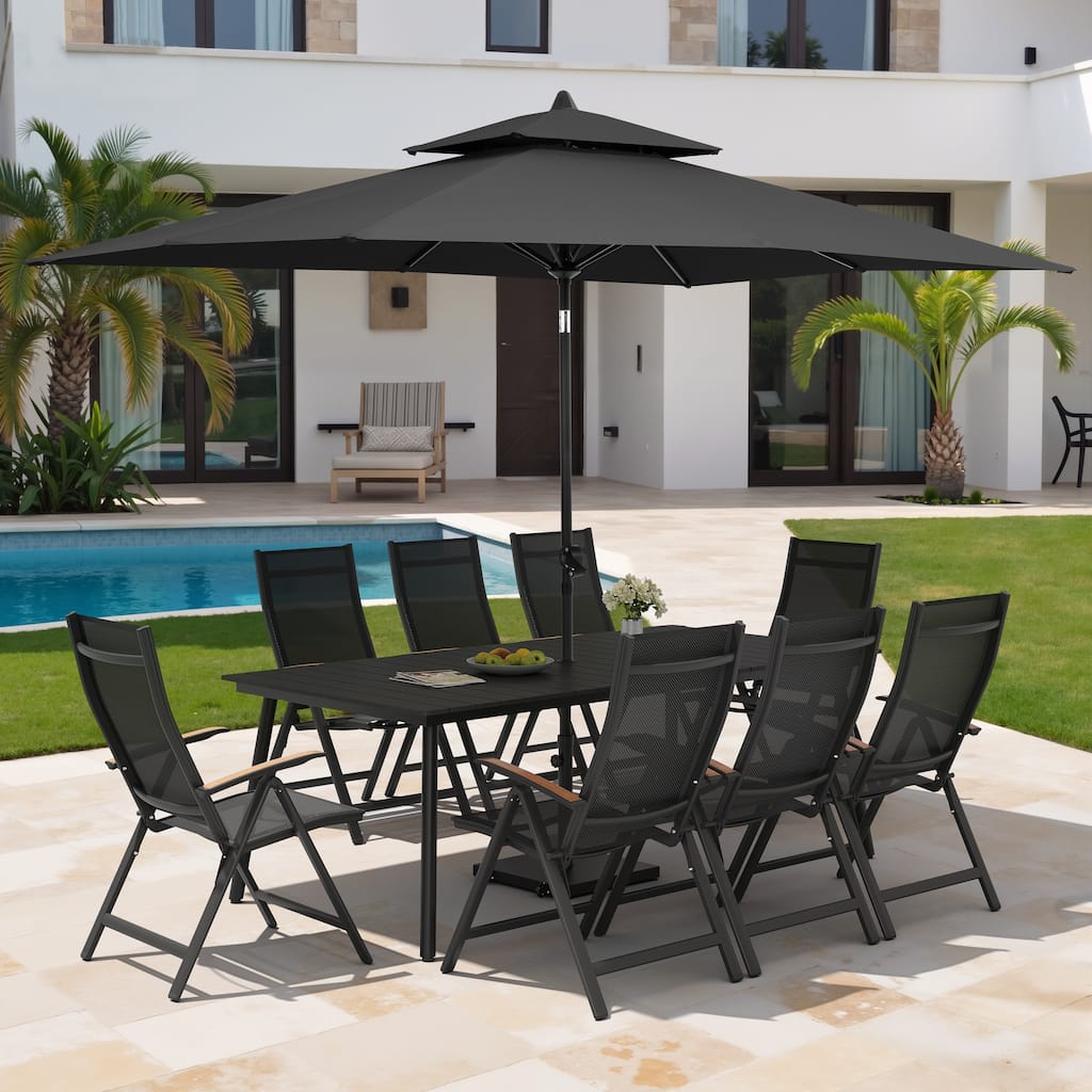 11PC Outdoor Patio Dining Set Aluminum Table with Folding Armchairs w/ Premium Market Umbrella Sets