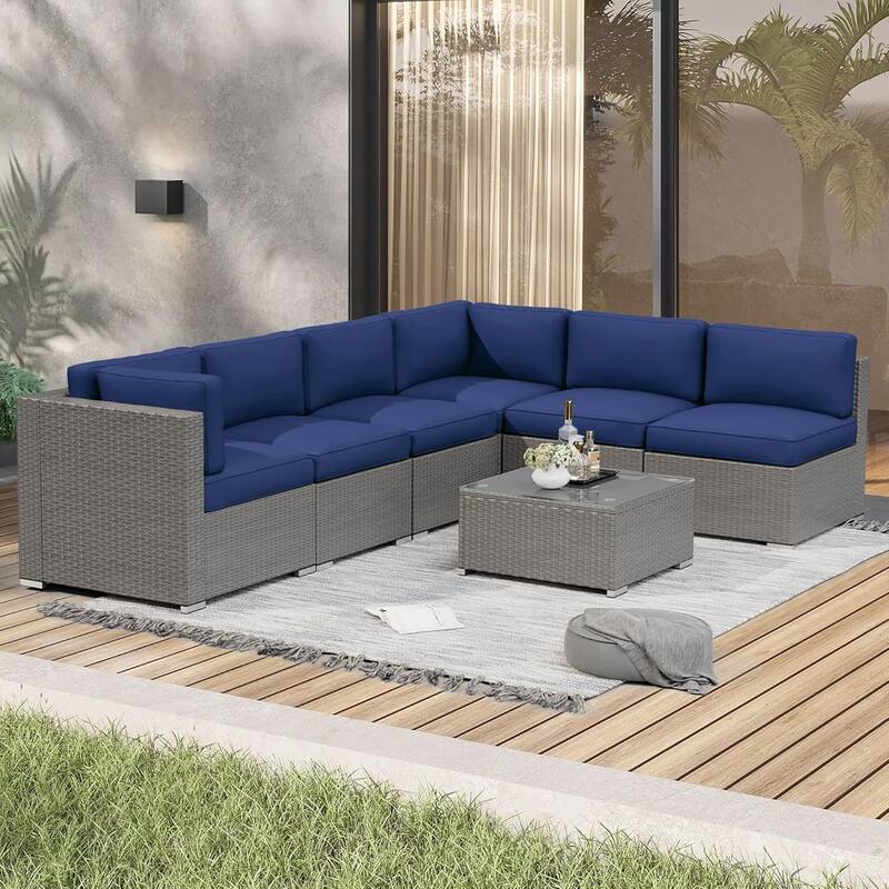7 Piece Outdoor Patio Furniture Set Grey/Black Wicker Conversation Sectional Sofa Set with Coffee Table and Cushions