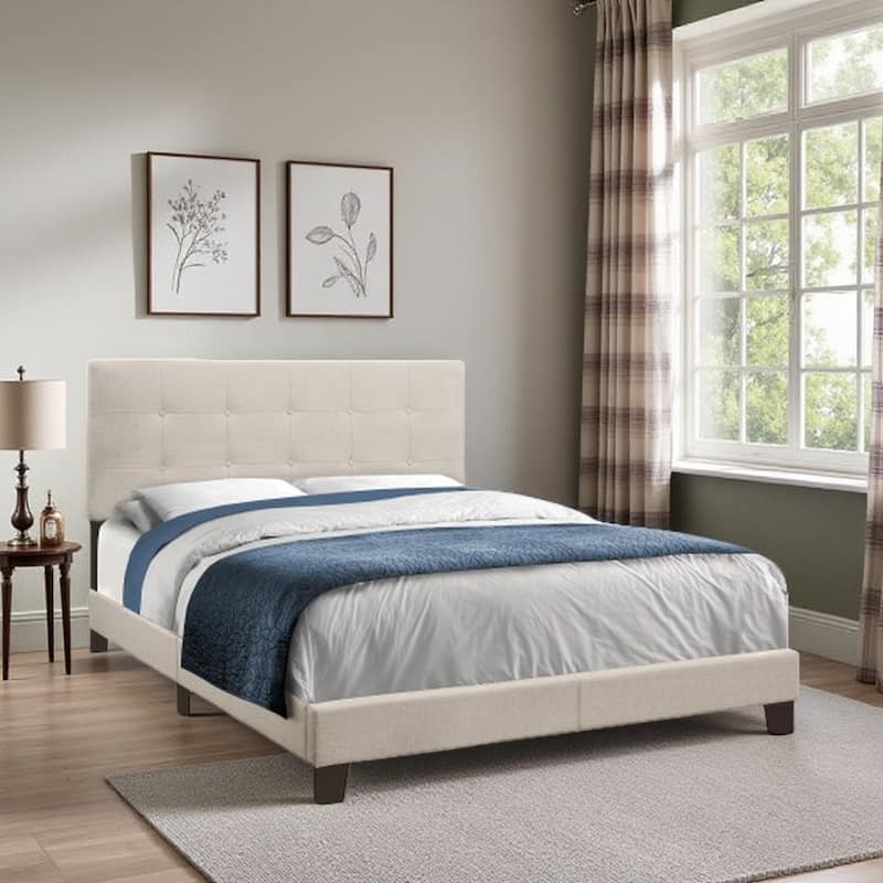Tufted Upholstered Queen Bed Frame with Linen-Style Fabric, Padded Headboard & Black Wood Legs - Classic Low Profile Design - Beige
