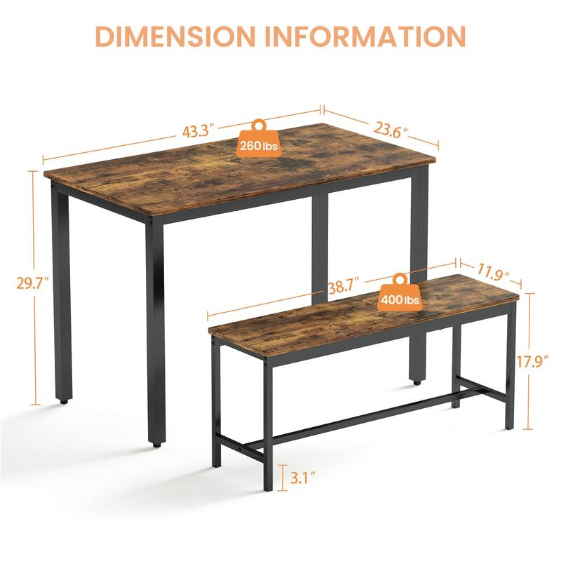 Industrial Kitchen Dining Table Set with 2 Dining Benches