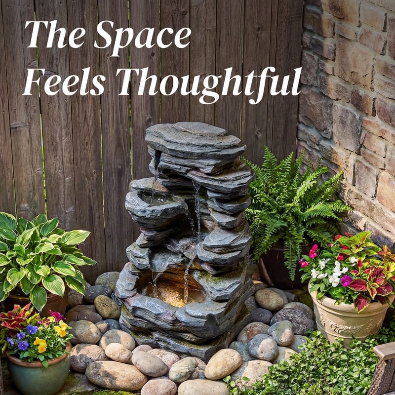 Outdoor Four-Tier Rock Fountain with LED Lighting and Natural Rock Design