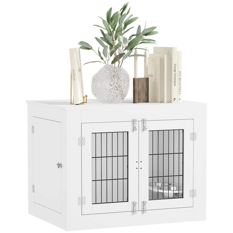 PawHut Dog Crate Furniture w/ 360° Rotatable Removable Dog Bowls, Dog Kennel Furniture w/ Two Doors, Non-slip Foot Pads - White
