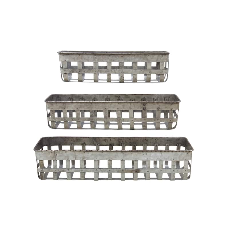 Set of 3 Rectangle Open Weave Iron Baskets - Silver