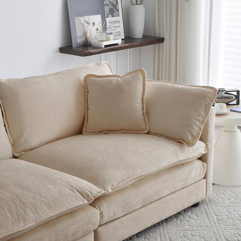 Beige Chenille Modular 3 Seat Sofa with Removable Cushions - 111"L