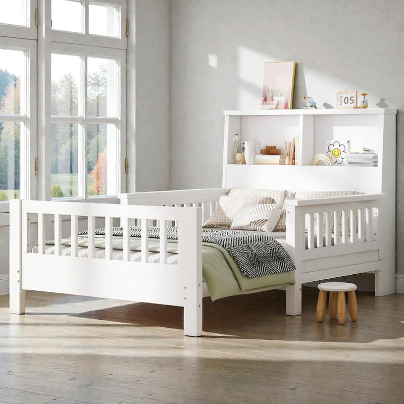 Twin Platform Bed with Storage Headboard, Safety Guardrails and Pull-Out Convertible Sofa/Playpen Design - White - Twin
