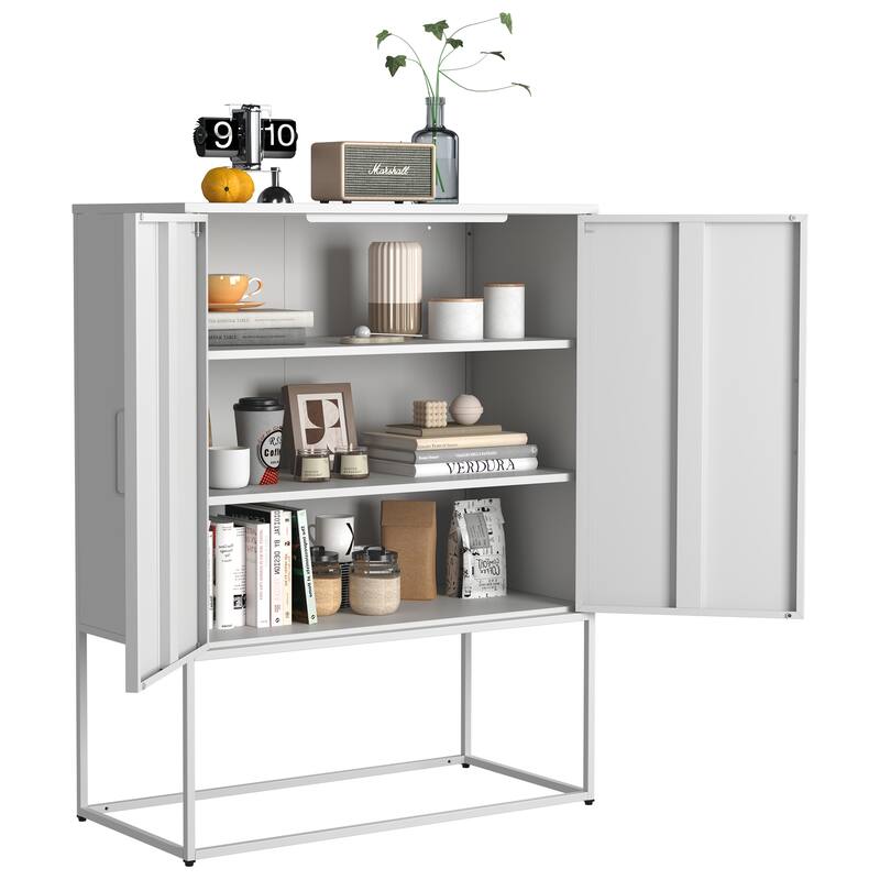 Heavy Duty Metal Buffet Sideboard Modern Steel Storage Cabinet with 2 Shelves, Free Standing