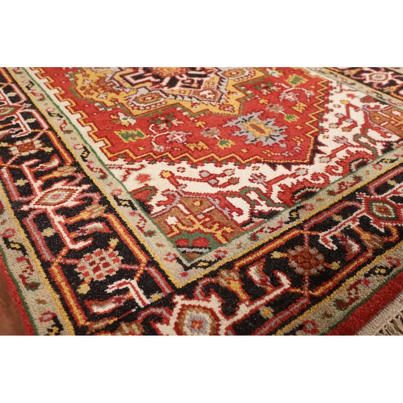 Orange Geometric Heriz Serapi Indian Rug Hand-Knotted Wool Carpet - 4'1" x 5'11"