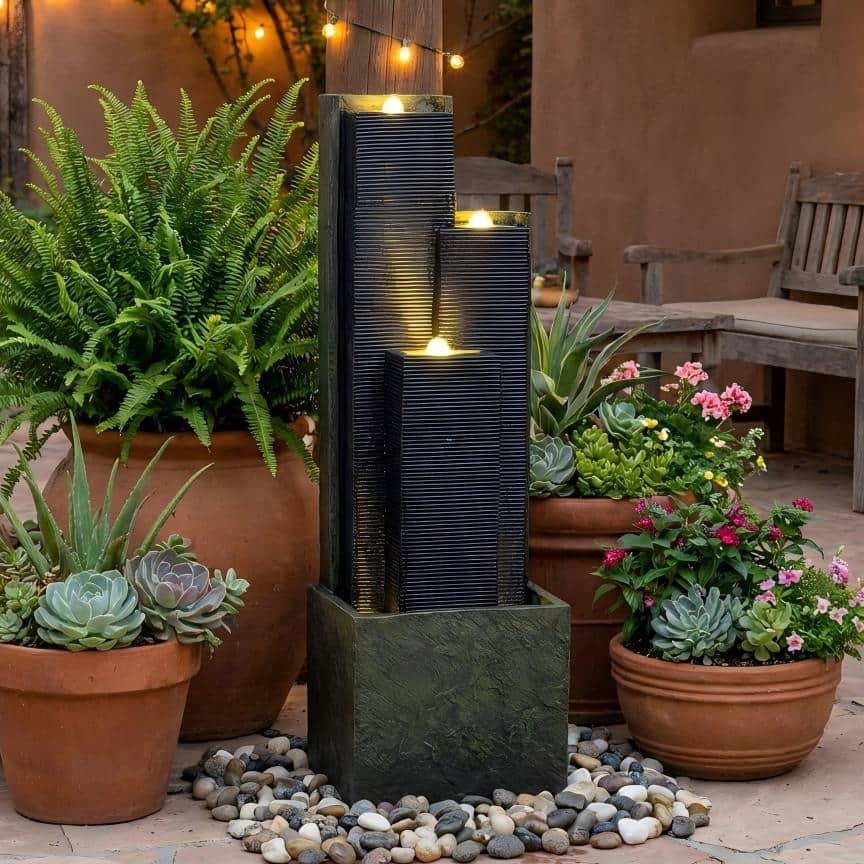 39" H Outdoor Water Fountain Modern Cascading Freestanding Fountain with LED Lights for Garden Patio Porch Lawn Backyard Decor